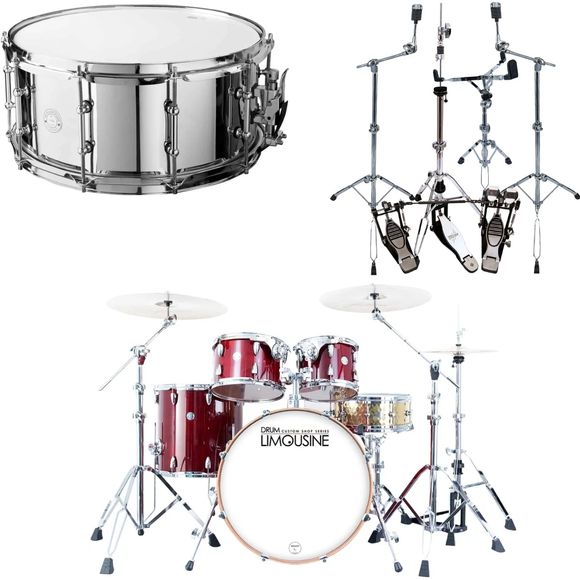 Drum Limousine Custom Shop 22 Trommesett Red Stain + Hardware & Skarptromme