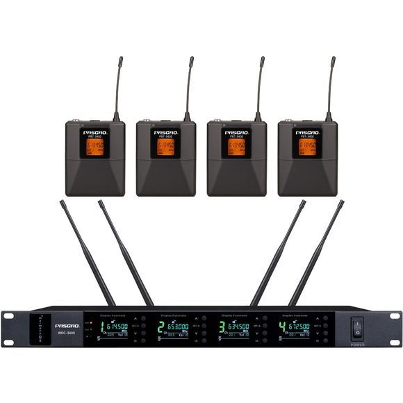 Pasgao WDC-3400+PBT-3400 (612-697 MHz) trådløst sett med fire lommesendere